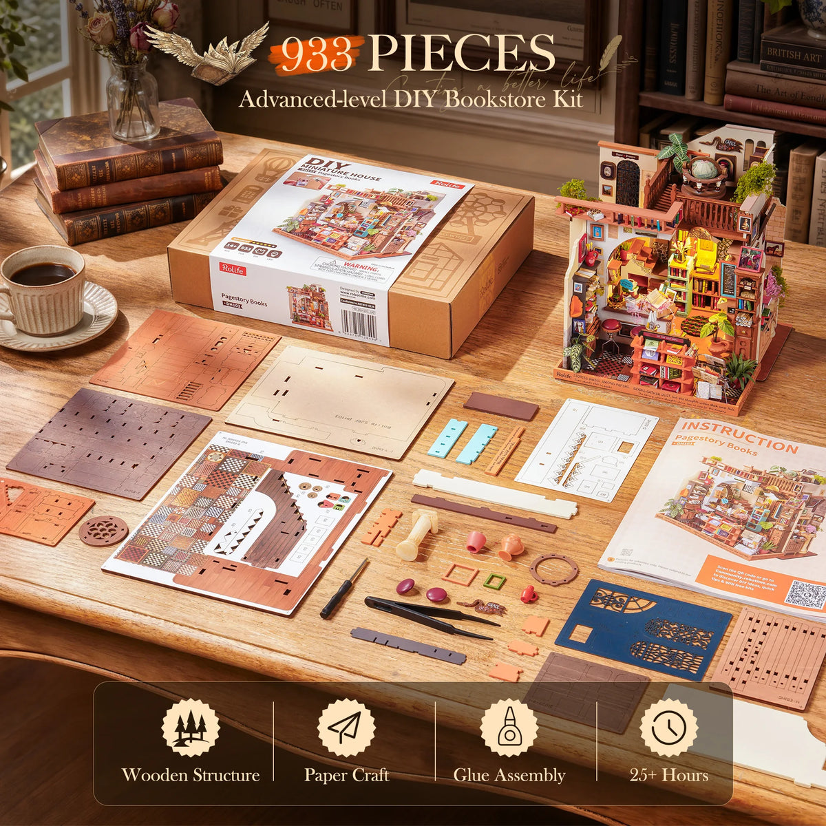 Rolife Wooden Dollhouse 3D Puzzle Pagestory Bookstore DIY Miniature House Craft Kit Kit with LED Light for Bookshelf Decor Brain Teasers Jigsaw Toys Holiday Gift for Book Lovers