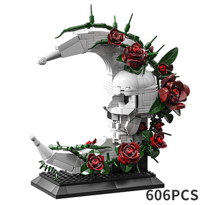 Gothic Style Assembly Model, Dark Romantic Skull and Moon Building Block Ornament, Red Roses Entwined, Surprise Gift for Your Partner, Dark Art Style