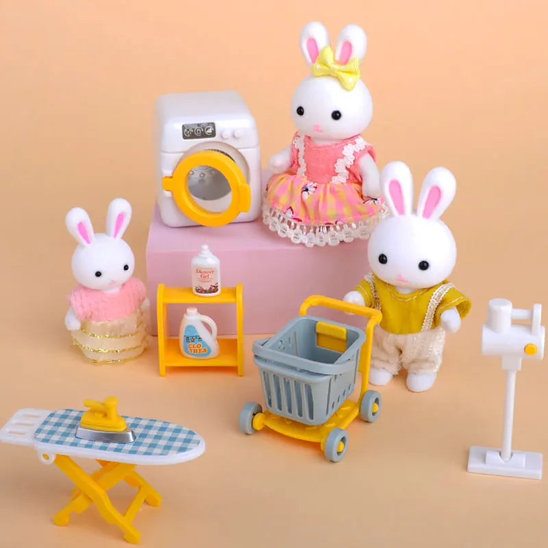 4pcs Dollhouse Miniature Furniture Set Rabbit Family Mini Toy House Set Play Game with Diverse Scenes Accessories Birthday Gifts