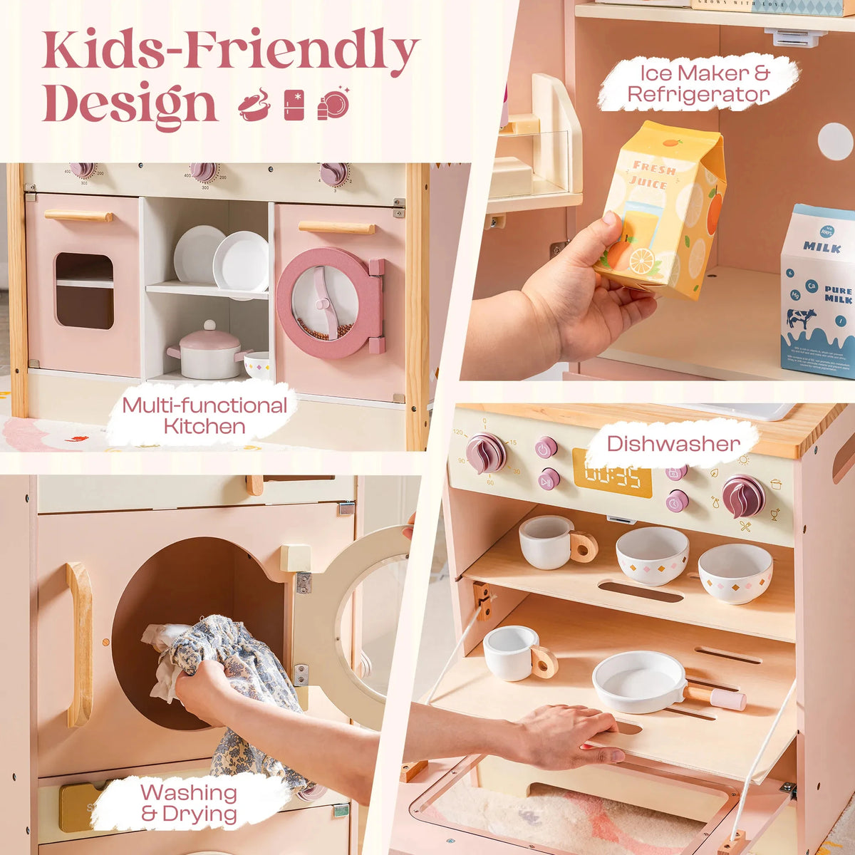 Robud Kids Wooden Pink Play Kitchen All in 1 Corner Set Includes Oven Refrigerator Washer Perfect Birthday Gift for Little Chefs