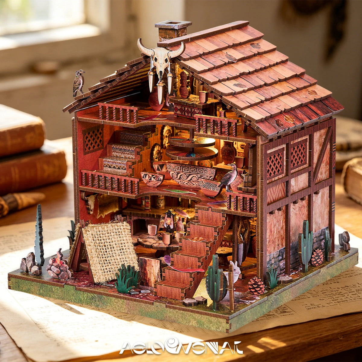 DIY Miniature Dollhouse Totem Book Nook Kit Coyote 3D Wooden Puzzle Building Blocks Puzzle Model Building Home Decoration Gifts