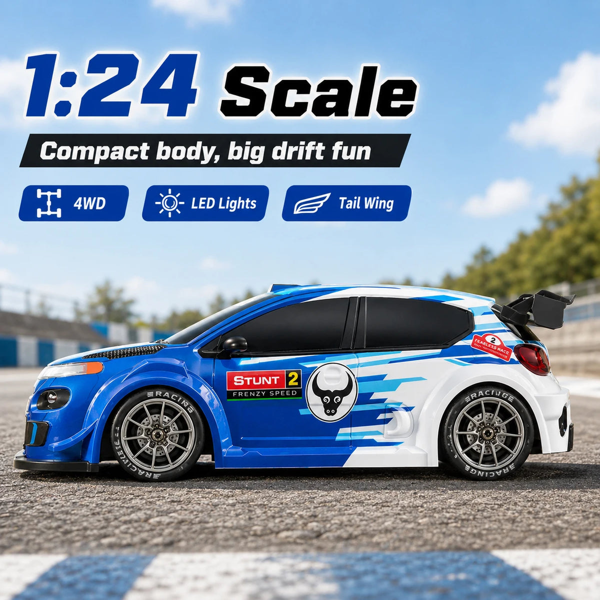 4WD High Speed RC Car 2.4G Remote Drifting Car 1:24 Scale Dual Mode One Click Switch LED Headlight Taillight Long Battery Life Racing Toy Car