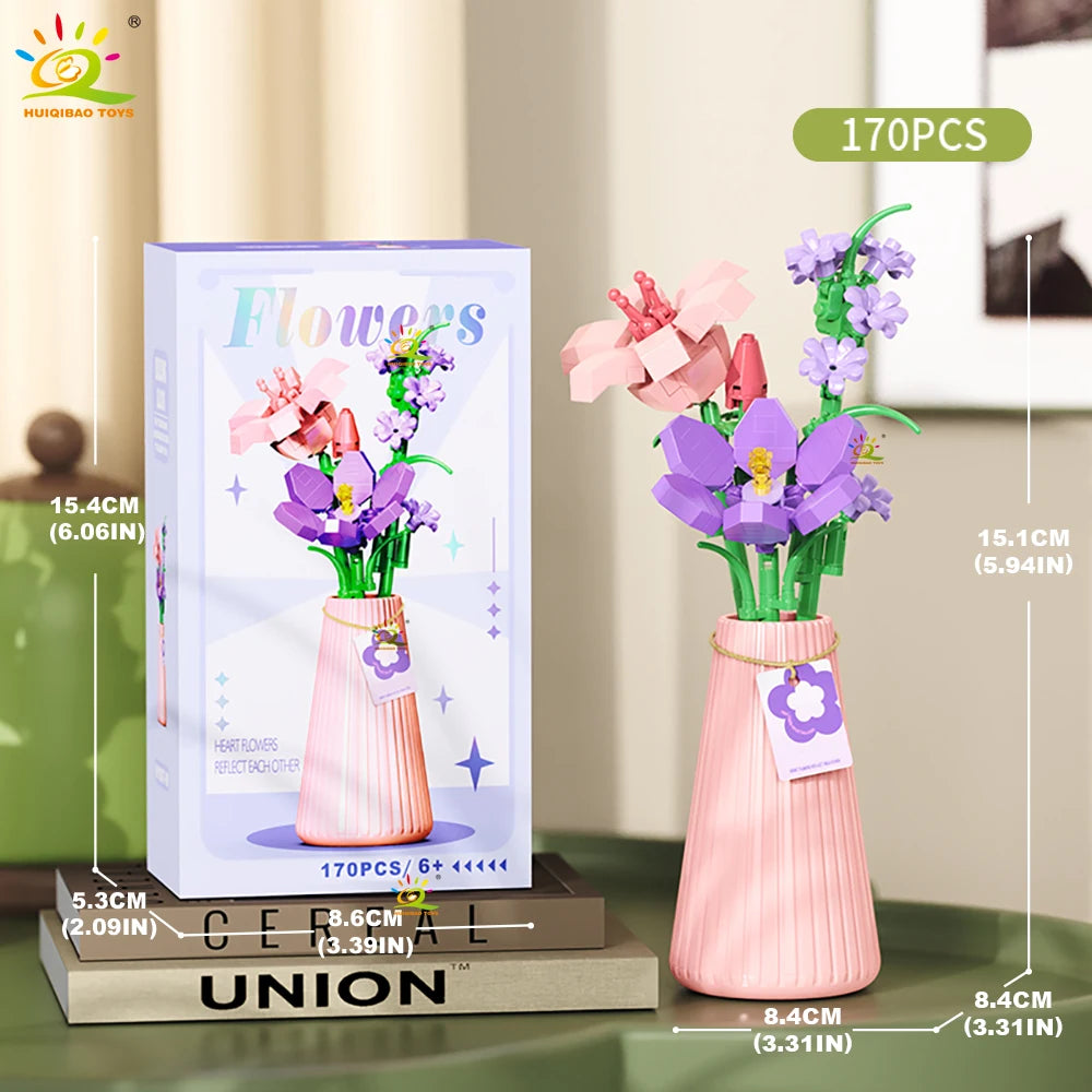HUIQIBAO MOC Eternal Flower Bouquet with pot Micro Building Block Sunflower Rose Mini Model Brick Toy home Desk Decoration