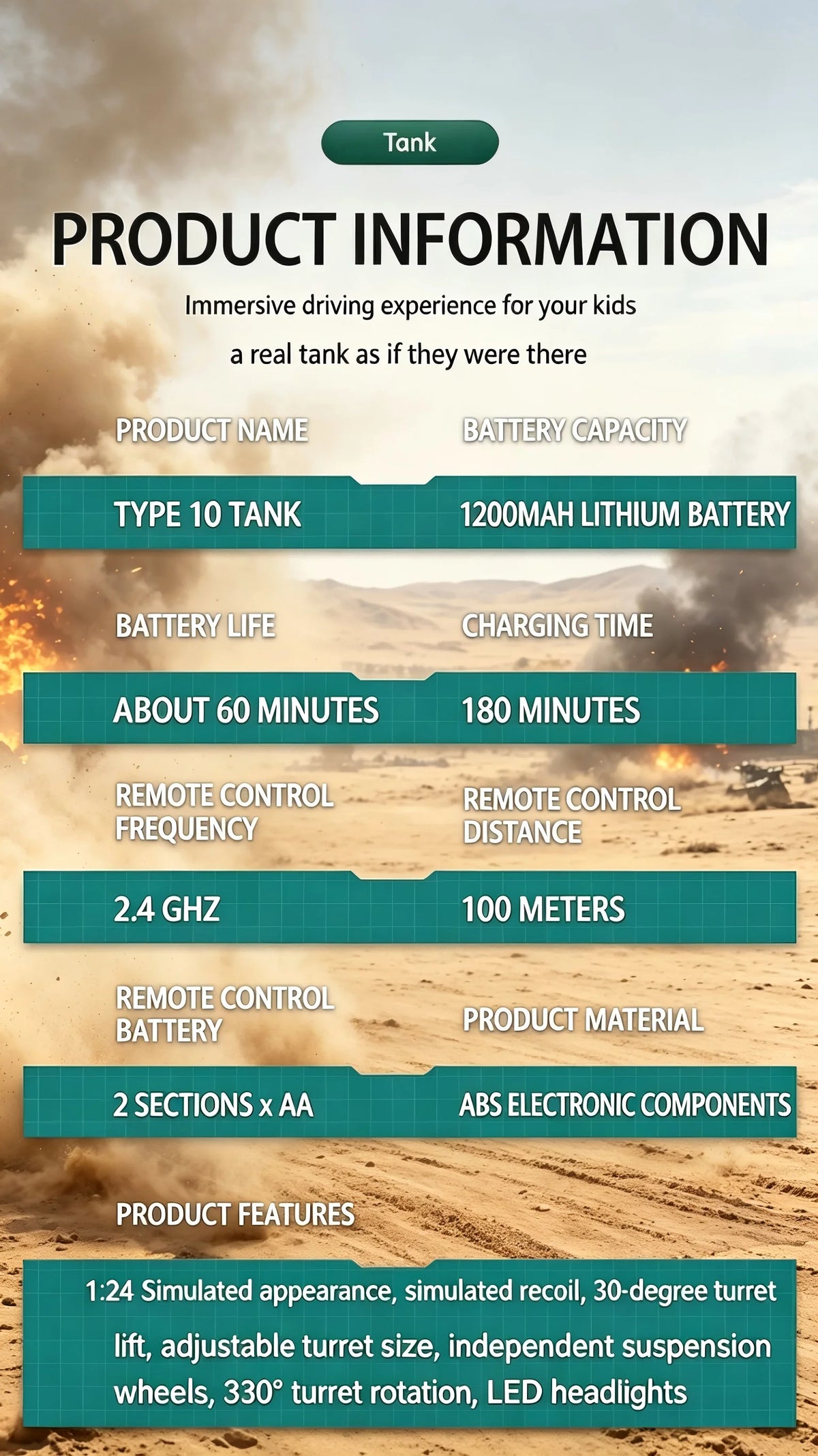 TONGLI Large RC Battle Tank Tracked Off-Road Vehicle, Rechargeable Battery, Multi-Channel Control, Turret Rotation & Elevation, Realistic Sound & Light Effects, All-Terrain Driving, Battle Interaction, Indoor & Outdoor Use, G
