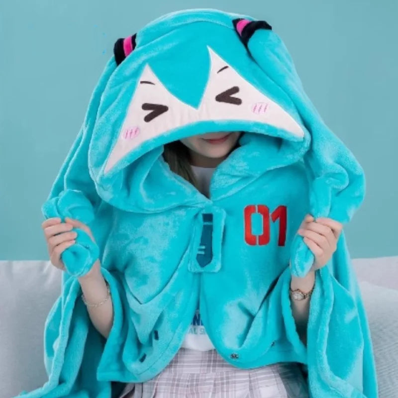 Kawaii Hatsune Itabag Multifunctional Hooded Air Conditioning Blanket Flannel Cloak Soft And Warm Nap Shawl Miku Surprise Gift