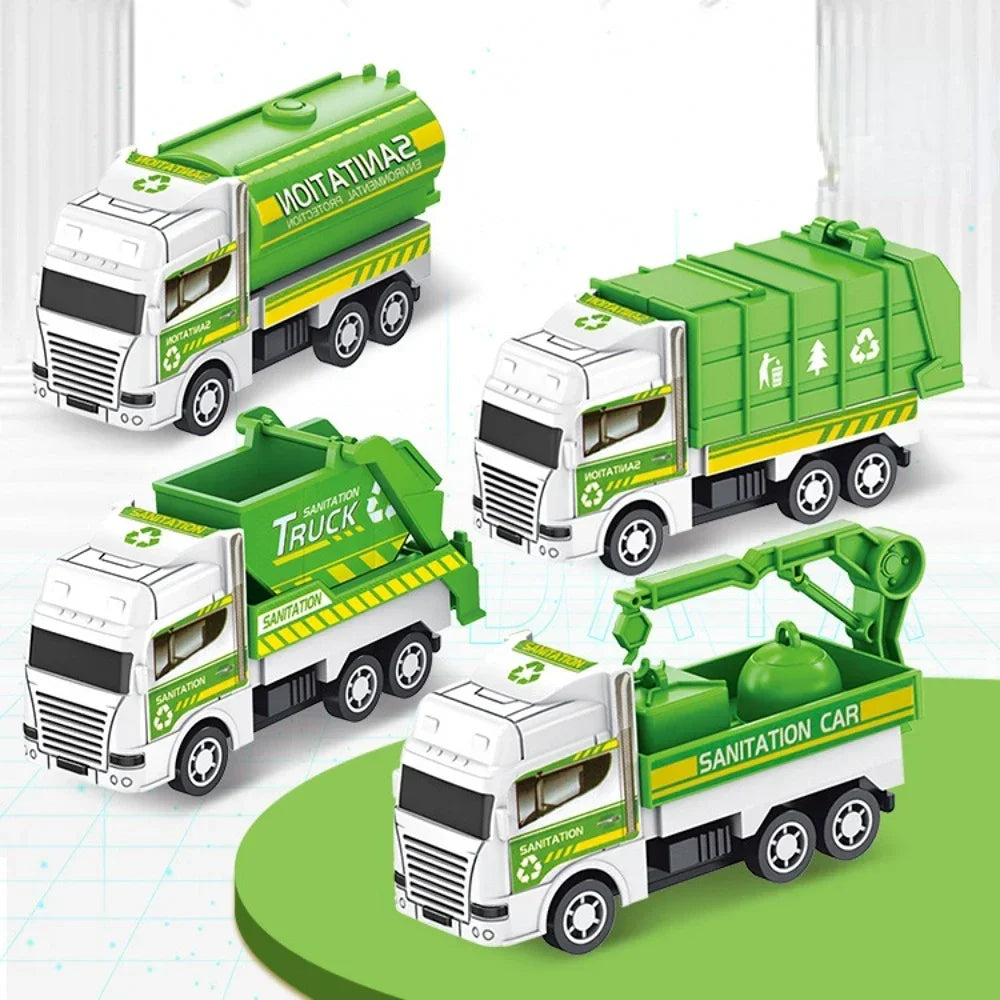 4Pcs Kids Toy Car Inertia Sanitation Truck Models Pull Back Engineering Vehicle Boys Toys for Children Ideal Gifts for Boys Kids