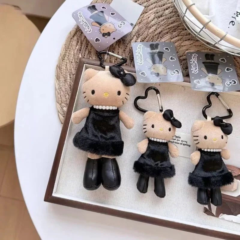 Fashion Mini 10CM Black Dress Hello Kitty Plush Doll Keyring  Long Legs Pearl Bow KT Heart  Bag Charm Cute Stuffed Pendant Decor