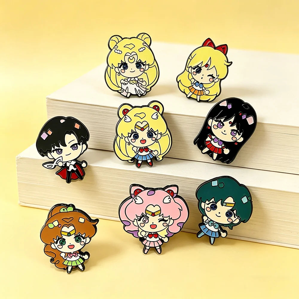 8pcs Sailor Moon Enamel Brooch Set Tsukino Usagi Cartoon Character Fashion Metal Badges Accessories for Backpacks And Clothing