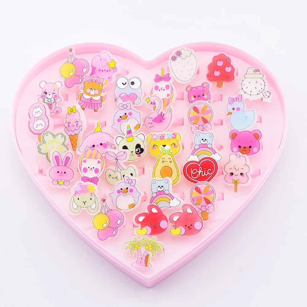 36Pcs Kids Cute Rings Resin Cartoon Jewelry Flower Shape Adjustable Ring Set Creative Accessories Girl Gifts