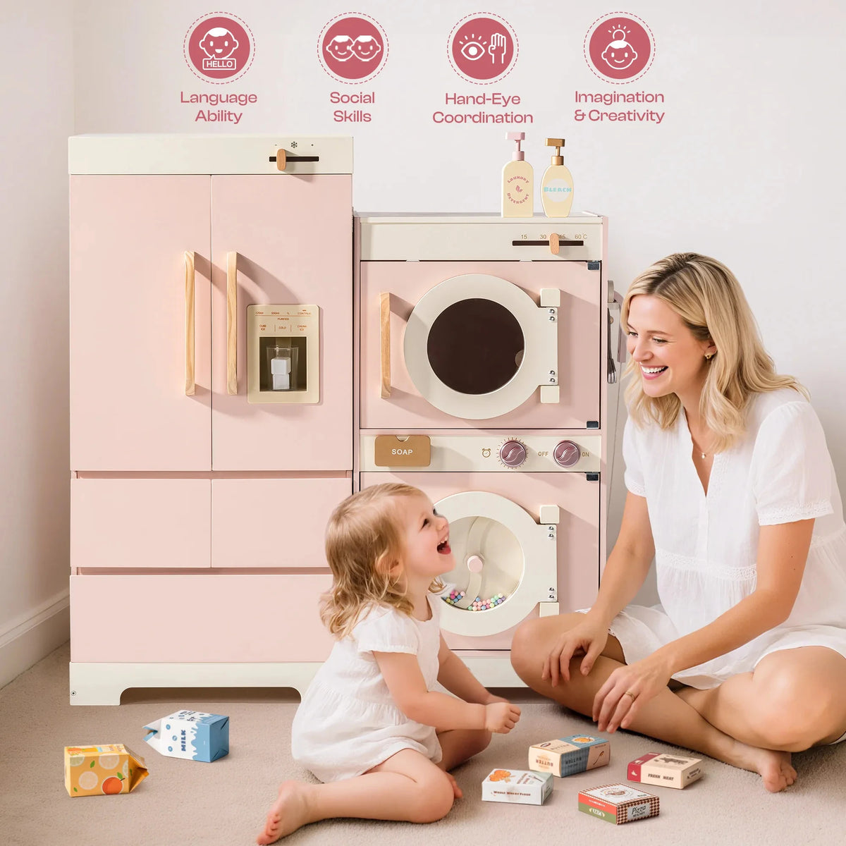 Robud Kids Wooden Pink Play Kitchen All in 1 Corner Set Includes Oven Refrigerator Washer Perfect Birthday Gift for Little Chefs