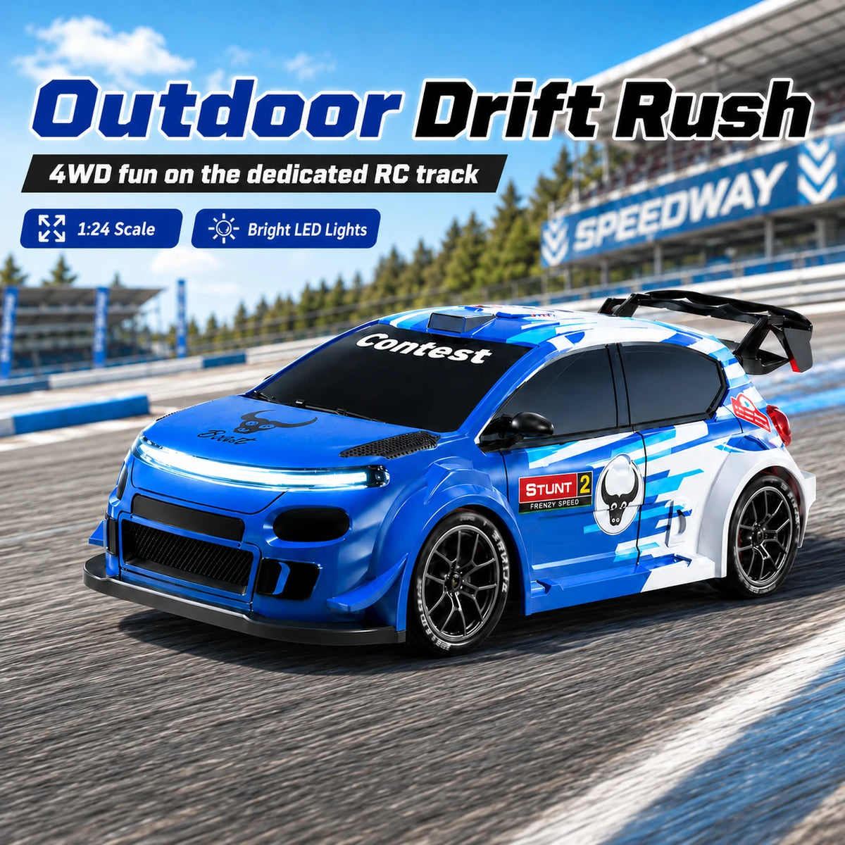 4WD High Speed RC Car 2.4G Remote Drifting Car 1:24 Scale Dual Mode One Click Switch LED Headlight Taillight Long Battery Life Racing Toy Car