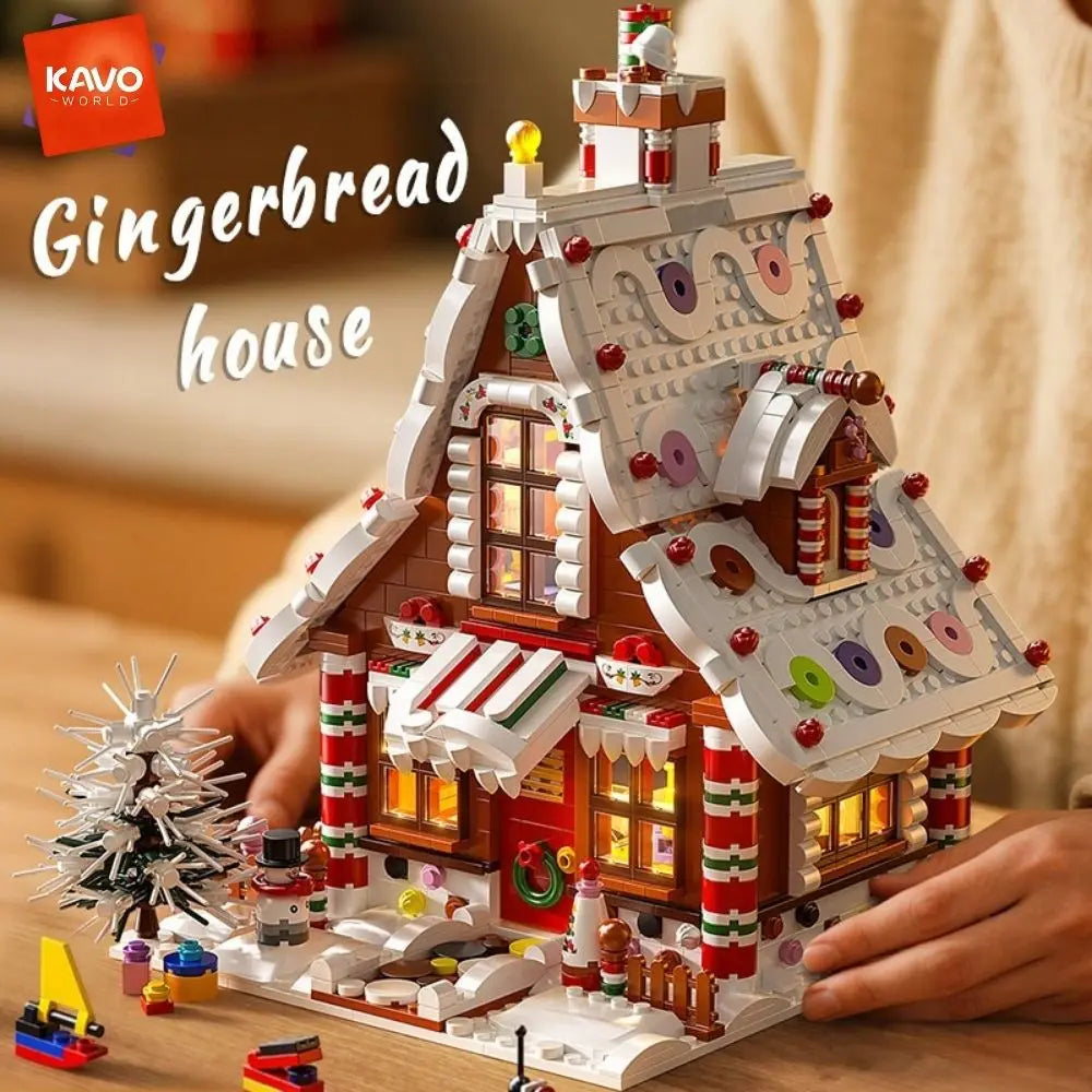 KAVOWORLD 1614PCS Christmas Gingerbread House Building Blocks Set with LED Lights Festive Winter Holiday Construction Toy Interior Architecture Model Kit Educational Construction Toy Family Activity Gift for Kids Home Decor f