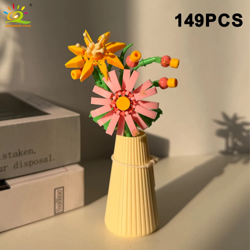 HUIQIBAO MOC Eternal Flower Bouquet with pot Micro Building Block Sunflower Rose Mini Model Brick Toy home Desk Decoration
