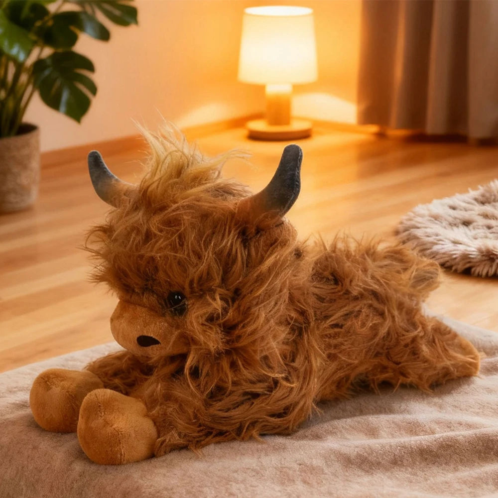 Simulation Kyloe Cream Highland Cow Animal Plush Toys Soft Stuffed Highland Sphere Cow Cattlle Plushie Gift for Kids Boys Girls
