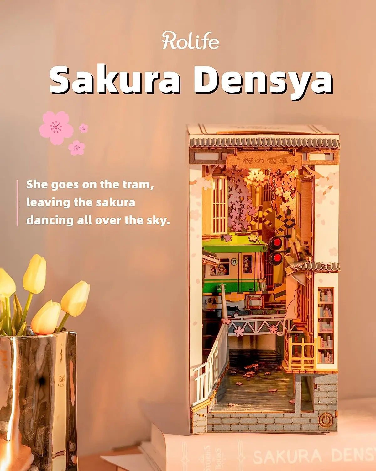 Robotime Rolife DIY Book Nook Japanese Sakura Densya in Books Series Wooden Miniature House with Furniture Doll House Kits Toy