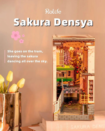 Robotime Rolife DIY Book Nook Japanese Sakura Densya in Books Series Wooden Miniature House with Furniture Doll House Kits Toy