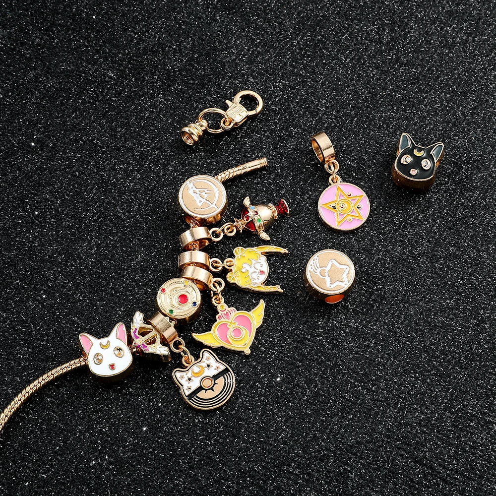 Sailor Moon Charm Bracelet - Gold Plated with Luna, Artemis & Usagi Themed Charms, Anime Cosplay Jewelry