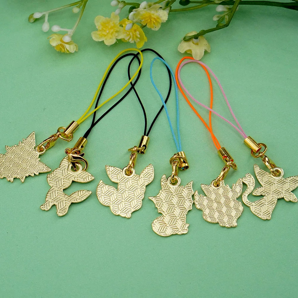 6Pcs Hot Anime Eevee Phone Charms Cute Cartoon Fox Elf Monster Keychains Lanyard Bag Mobile For Key Strap Decor Gift