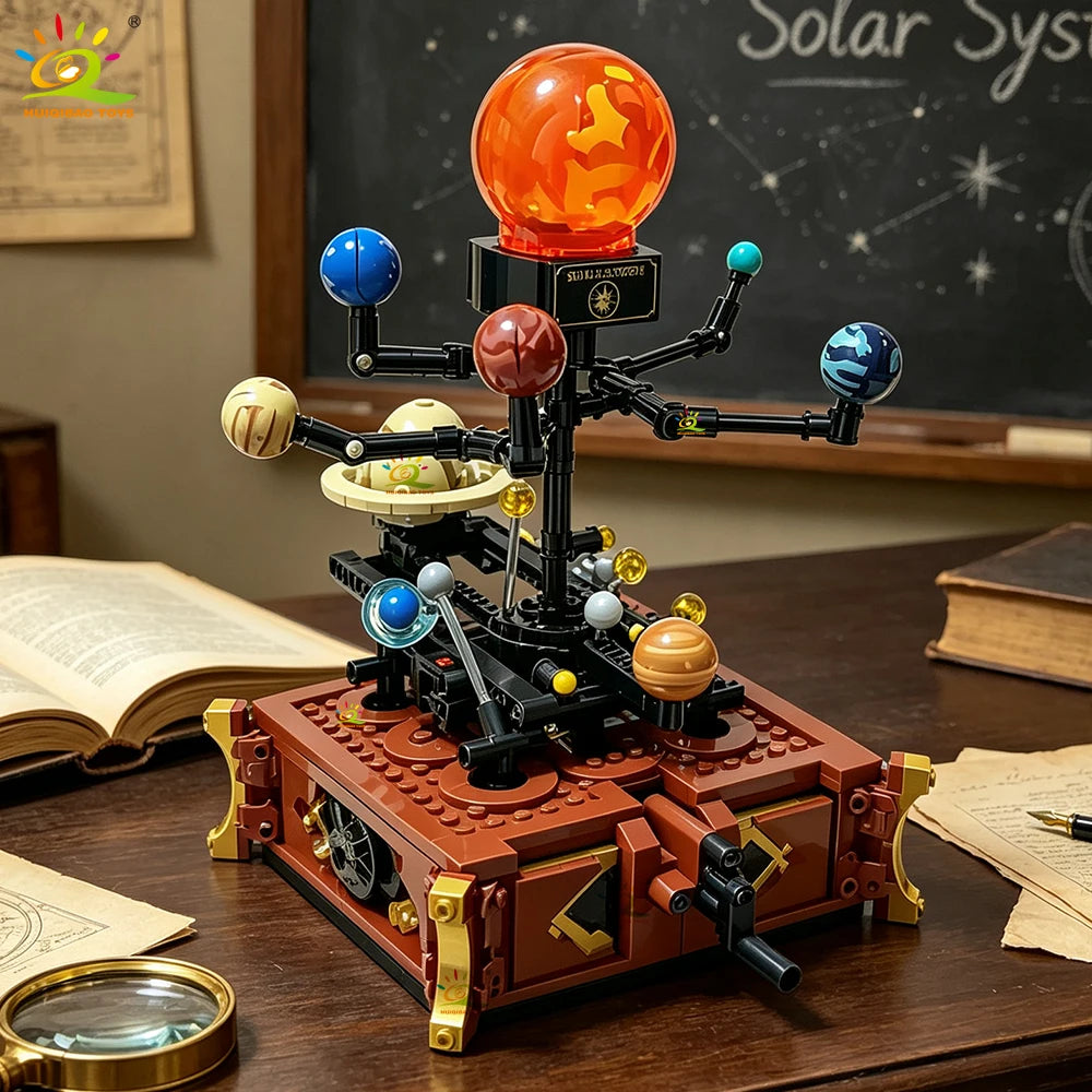 HUIQIBAO MOC Space Solar System Orbit Planet Model Small Building Block Aerospace Ornament Brick Toy For Children Desk Decor.