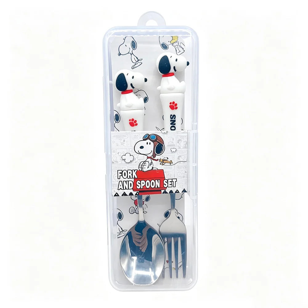 Kids Funny Fork Spoon Set Peanuts Snoopy ABS Handle Stainless Steel Tableware Set Fork Spoon With Box House Stuff Kids Gifts