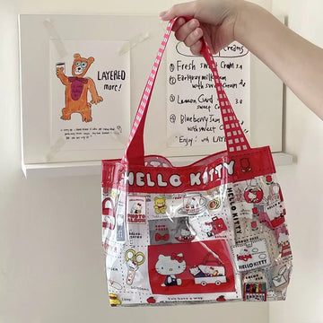 Sanrio KT Cute Cartoon Transparent PVC Makeup Bag Large Capacity Portable Handbag Style Cosmetic Storage Pouch Storage Bag