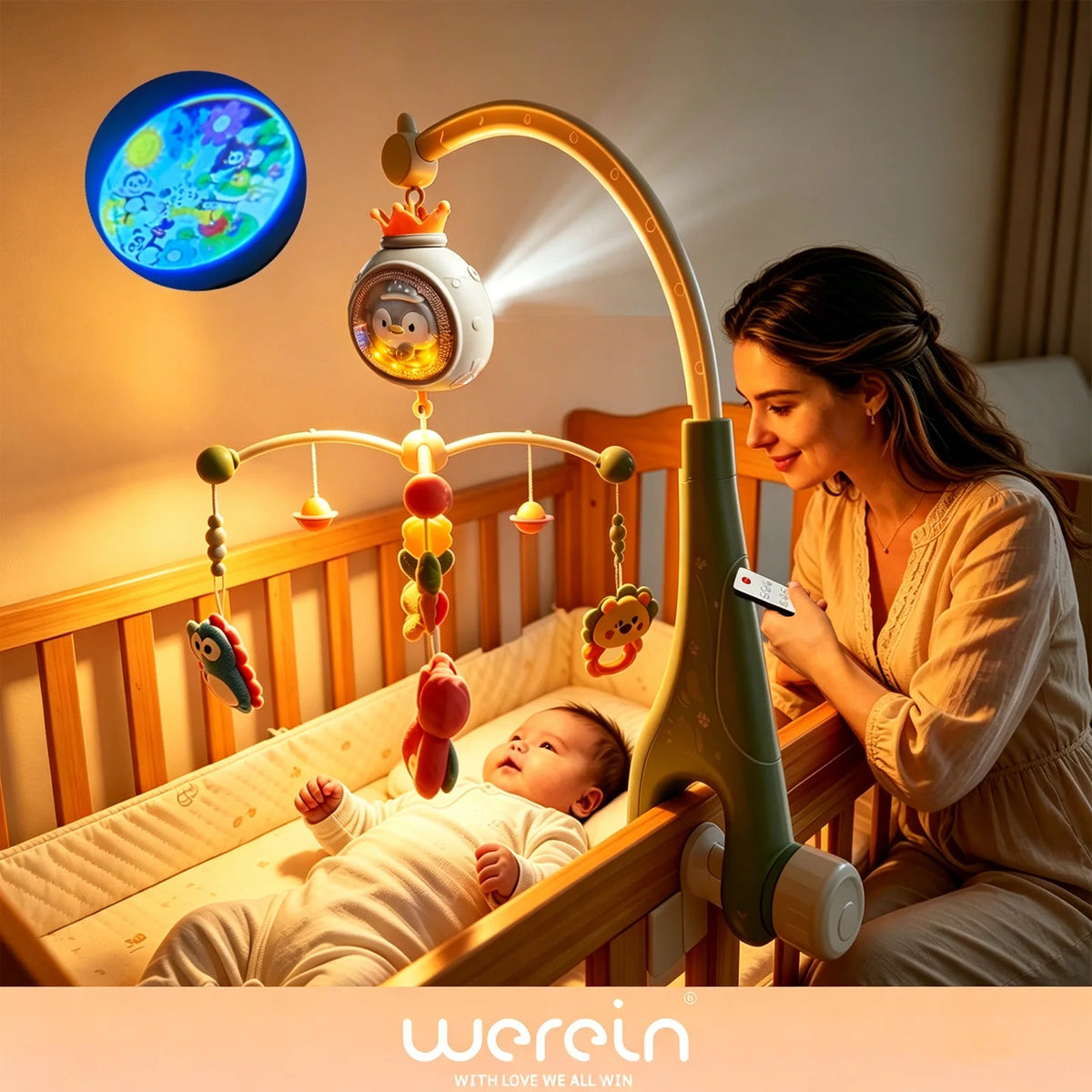 Werein Baby Crib Mobile with Remote Control Projection Musical Bed Bell Soft Night Light Lullaby Rotating Hanging Toy