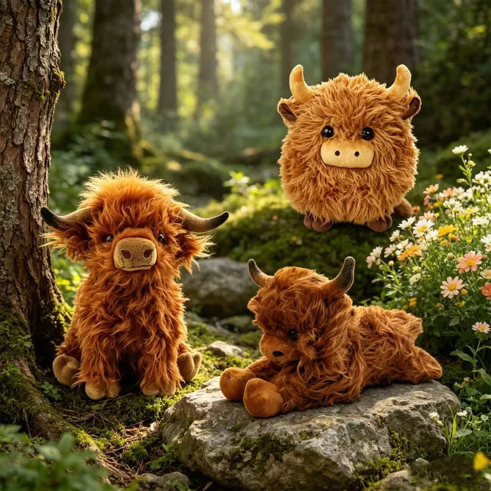 Simulation Kyloe Cream Highland Cow Animal Plush Toys Soft Stuffed Highland Sphere Cow Cattlle Plushie Gift for Kids Boys Girls