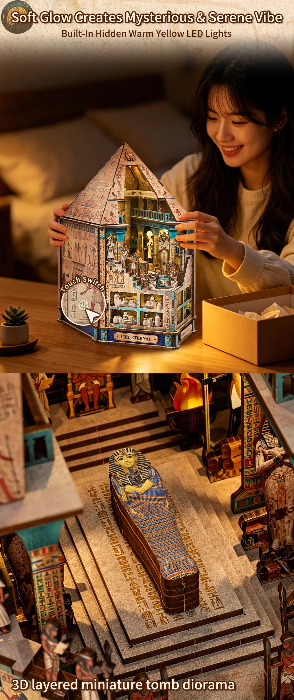 Book Nook Kit  3D Wooden Puzzle Egyptian Pharaoh MummyDIY Miniature Dollhouse Pyramid Model Building Home Decoration Gifts