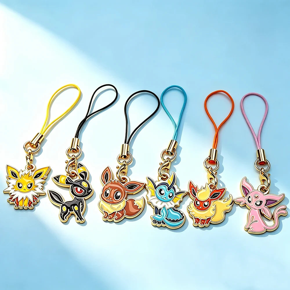 6Pcs Hot Anime Eevee Phone Charms Cute Cartoon Fox Elf Monster Keychains Lanyard Bag Mobile For Key Strap Decor Gift