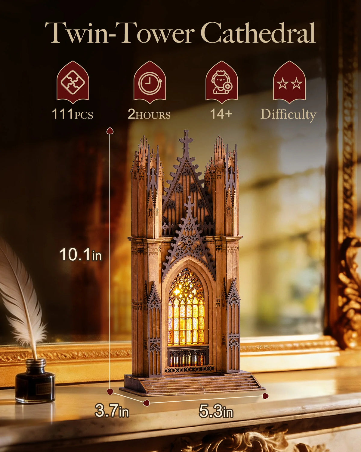 Rolife Wooden 3D Puzzle Twin-Tower Cathedral Model Building Kit DIY Miniature House Kit with LED Light for Bookshelf Decor