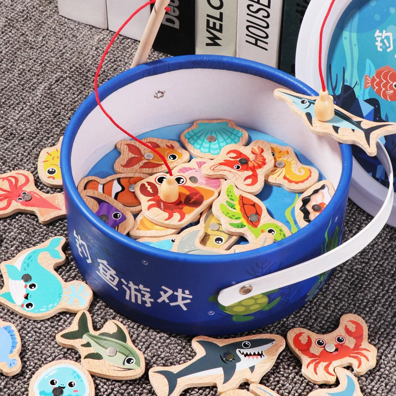 Wooden Magnetic Fishing Toys for Children Marine Life Cognition Fish Games Baby Early Educational Parent-child Interactive Toy