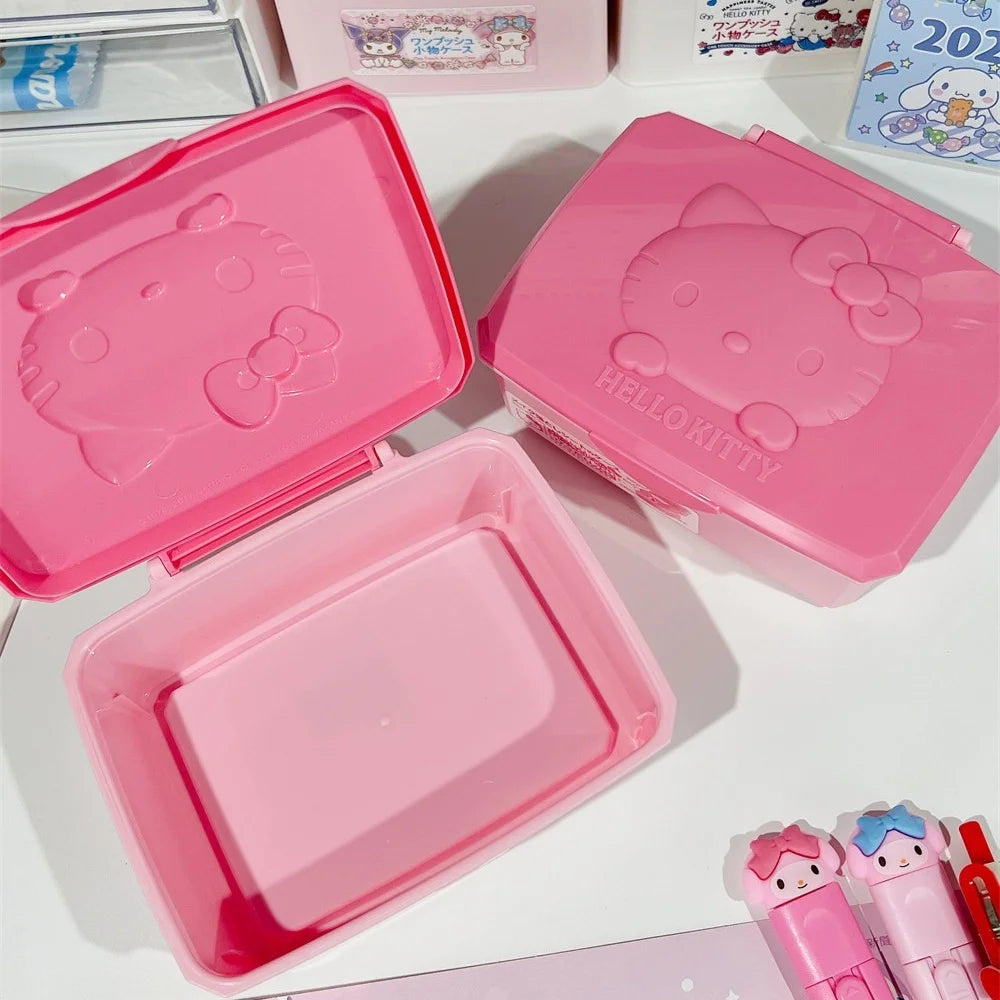 Genuine Hello Kitty Melody Dust-Proof Storage Box Kawaii Sanrio Makeup Sponge Cotton Swab Dental Floss Organizer Cartoon Gifts