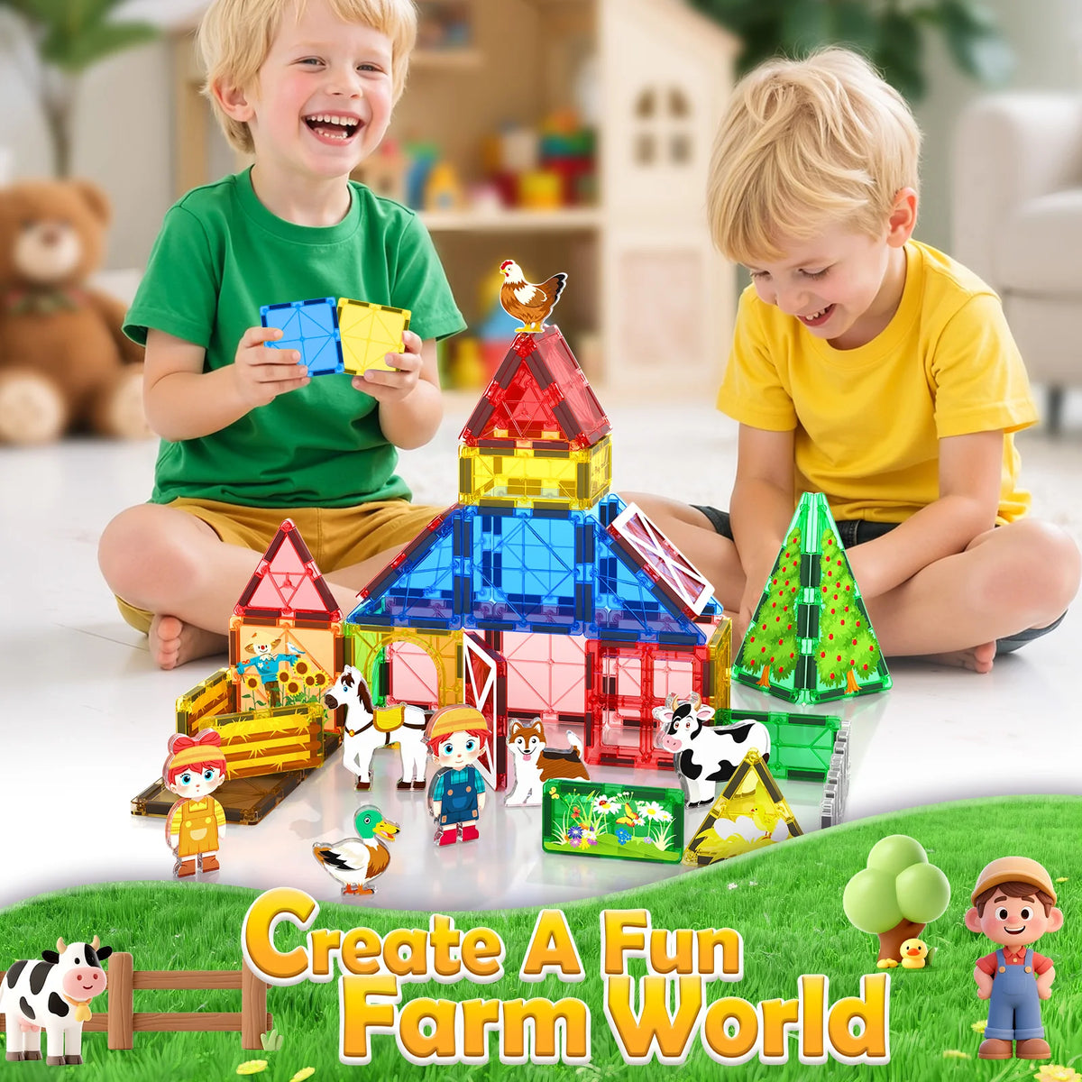 Magworld Magnetic Tiles Farm Animal Set, Magnetic Building Blocks for 3+ Year Old Boys and Girls