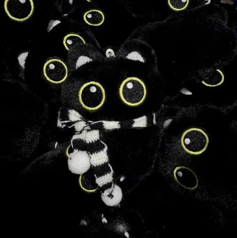 New Kawaii Big Eyes Cat Plush Doll With Scarf Black Cat Keychain Bag Pendant Cartoon Kitten Ornament Holiday Gift For Dear