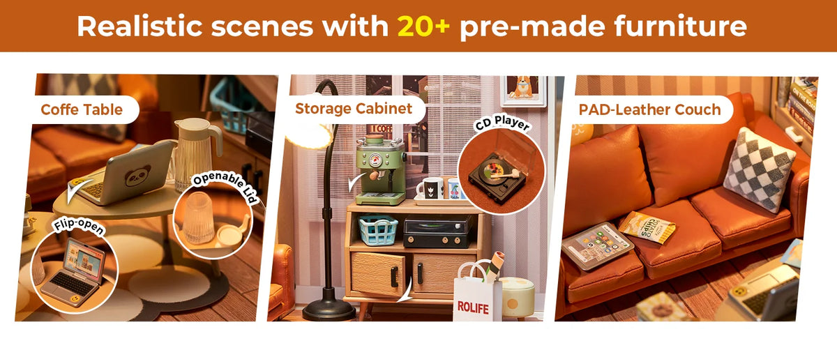 Rolife DIY Miniature House Kit Cozy Living Lounge Super Creator Dollhouse 3D Puzzle Model Building Kit with LED for Home Decor