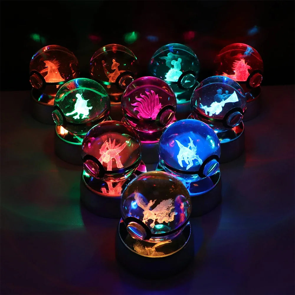 Pokemon 3D Crystal Ball Pikachu Gengar Eevee Mewtwo Anime Game Pokeball Led Night Light Base Kids Birthday Gift Home Decoration