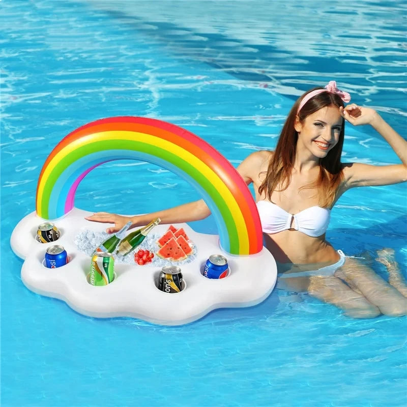 Summer Rainbow Inflatable Toys Beer Drinking Cooler Table Bar Tray Beach Swimming Pool Party Float Inflatable Ring Water Toy