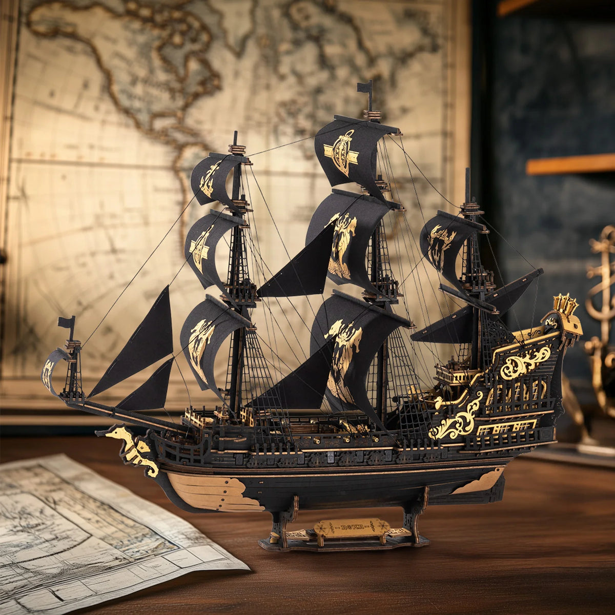ROKR Seahorse Barque Wooden 3D Puzzle 1:100 Scale DIY Sailboat Model Building Kit 603 Pieces Brain Teasers Jigsaw Toy for Adults Boys