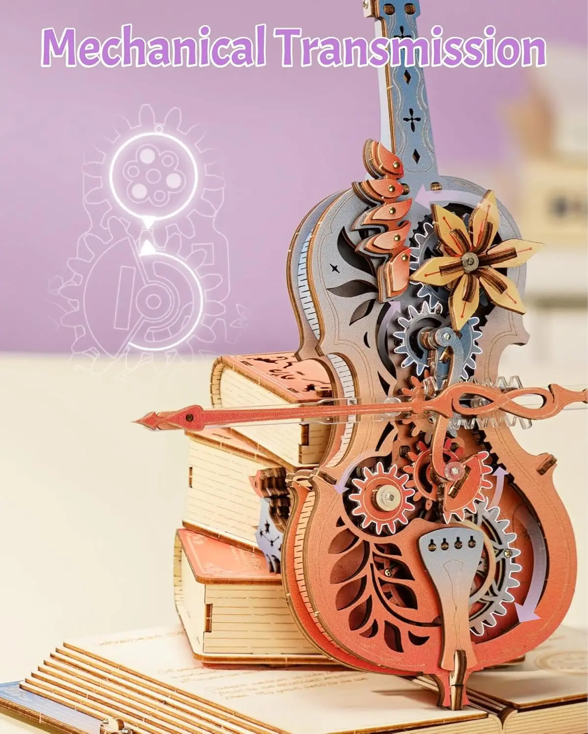 ROKR Wooden 3D Puzzle Music Box - Magic Cello Automatic Playing Mechanical Model Building Kit for Desktop Decor Holiday Gift for Adults Teens