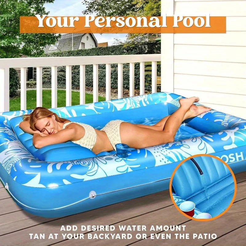 Joyfy 70" x 46" Adult Inflatable Tanning Pool Lounger Float 4 in 1 Suntan Tub Raft Floatie for Kids Water Summer Party Gift