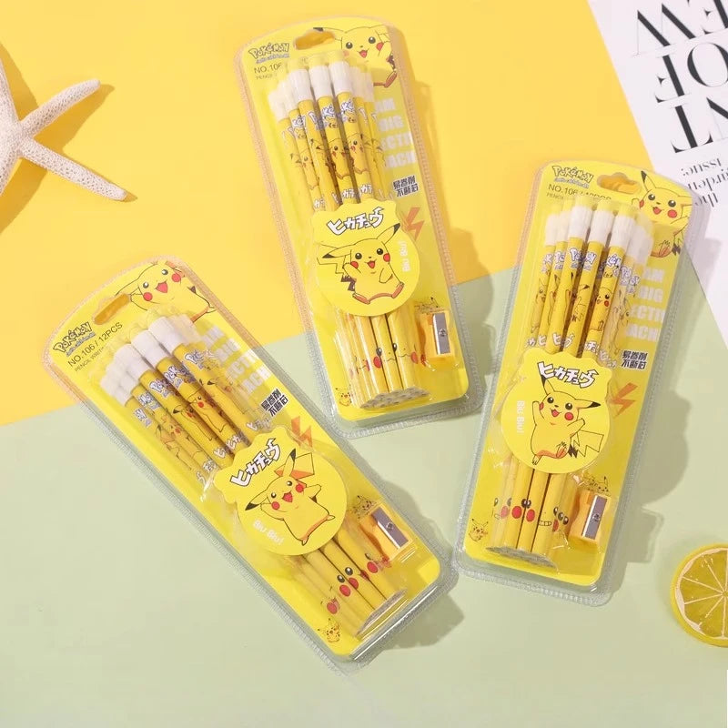12pcs Cartoon Pencil with Eraser Pencil Sharpener Cute Anime Figure School Supplies Office Stationery Kawaii Tools Gifts