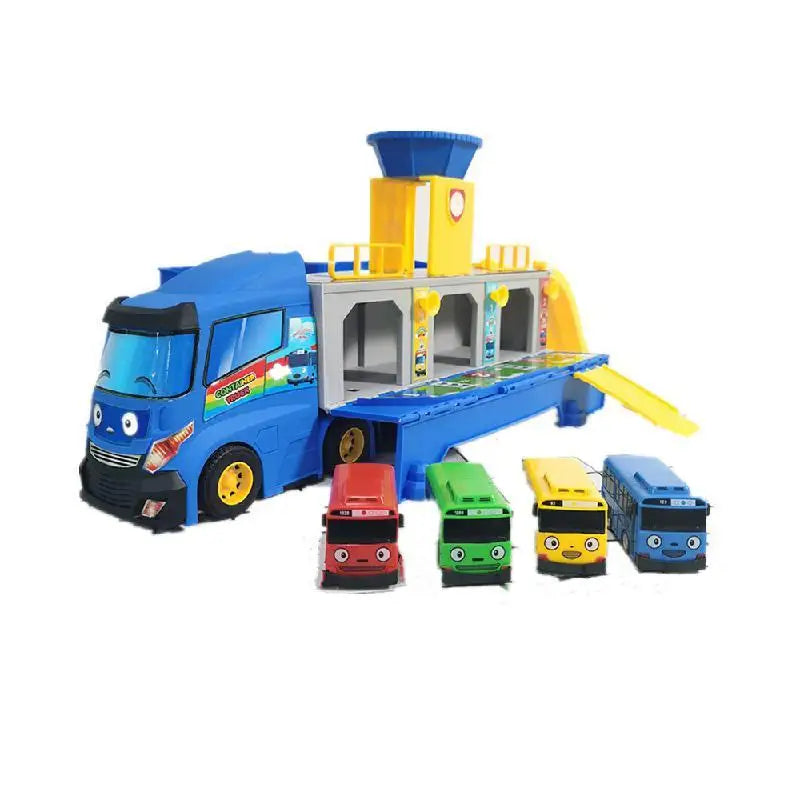 Tayos Cartoon The Little Bus Container Truck Storage Box Parking Lot With 3 Pull Back Mini Car Toys For Children Birthday Gifts
