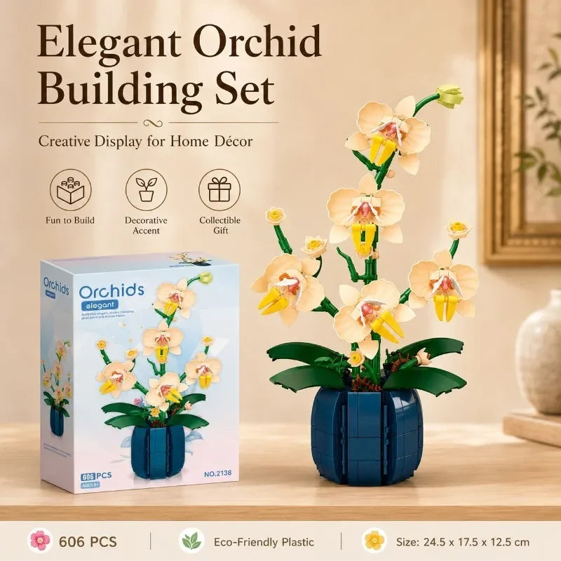 Orchid Building Blocks Flowers Bouquet Bonsai Plant Model Ornament Exquisite DIY Home Decorations Valentines Adult Child's Gifts