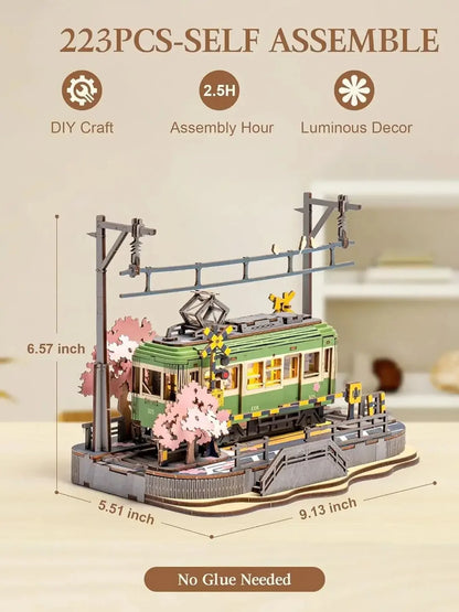 Robotime Sakura Journey Tram 3D Wooden Puzzles with LED Lights Home Decor Gift for Adults Women Girls