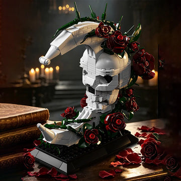 Gothic Style Assembly Model, Dark Romantic Skull and Moon Building Block Ornament, Red Roses Entwined, Surprise Gift for Your Partner, Dark Art Style