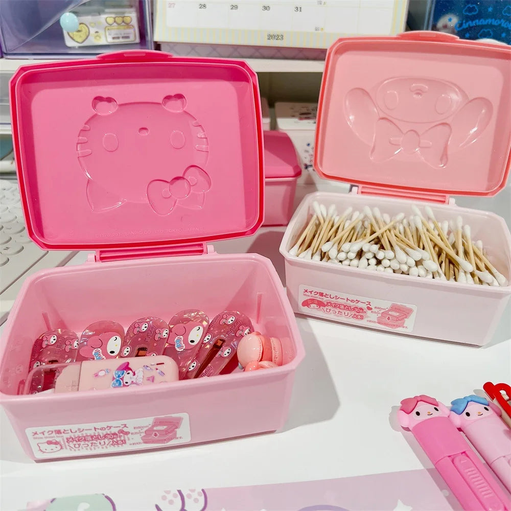 Genuine Hello Kitty Melody Dust-Proof Storage Box Kawaii Sanrio Makeup Sponge Cotton Swab Dental Floss Organizer Cartoon Gifts