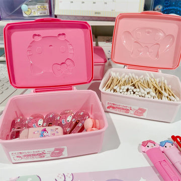 Genuine Hello Kitty Melody Dust-Proof Storage Box Kawaii Sanrio Makeup Sponge Cotton Swab Dental Floss Organizer Cartoon Gifts