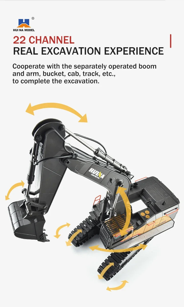 HUINA 1592 1:14 Scale RC Excavator 22 Channels 2.4G Semi-Alloy Remote Control Engineering Crawler Tractor Children's Gift