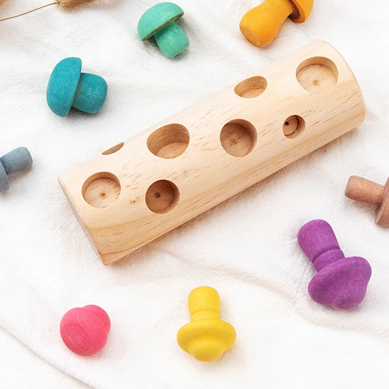 Toddler Wooden Mushroom Picking Game Rainbow Block Montessori Educational Wooden Toy Developmental Shape Matching Assembly Grasp