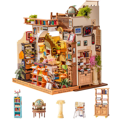 Rolife Wooden Dollhouse 3D Puzzle Pagestory Bookstore DIY Miniature House Craft Kit Kit with LED Light for Bookshelf Decor Brain Teasers Jigsaw Toys Holiday Gift for Book Lovers